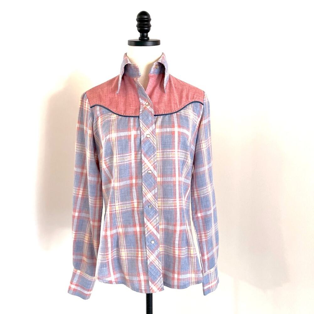 Vintage Pastel Western Pearl Snap Shirt Pink and Blue Plaid Fenton - Picture 2 of 14